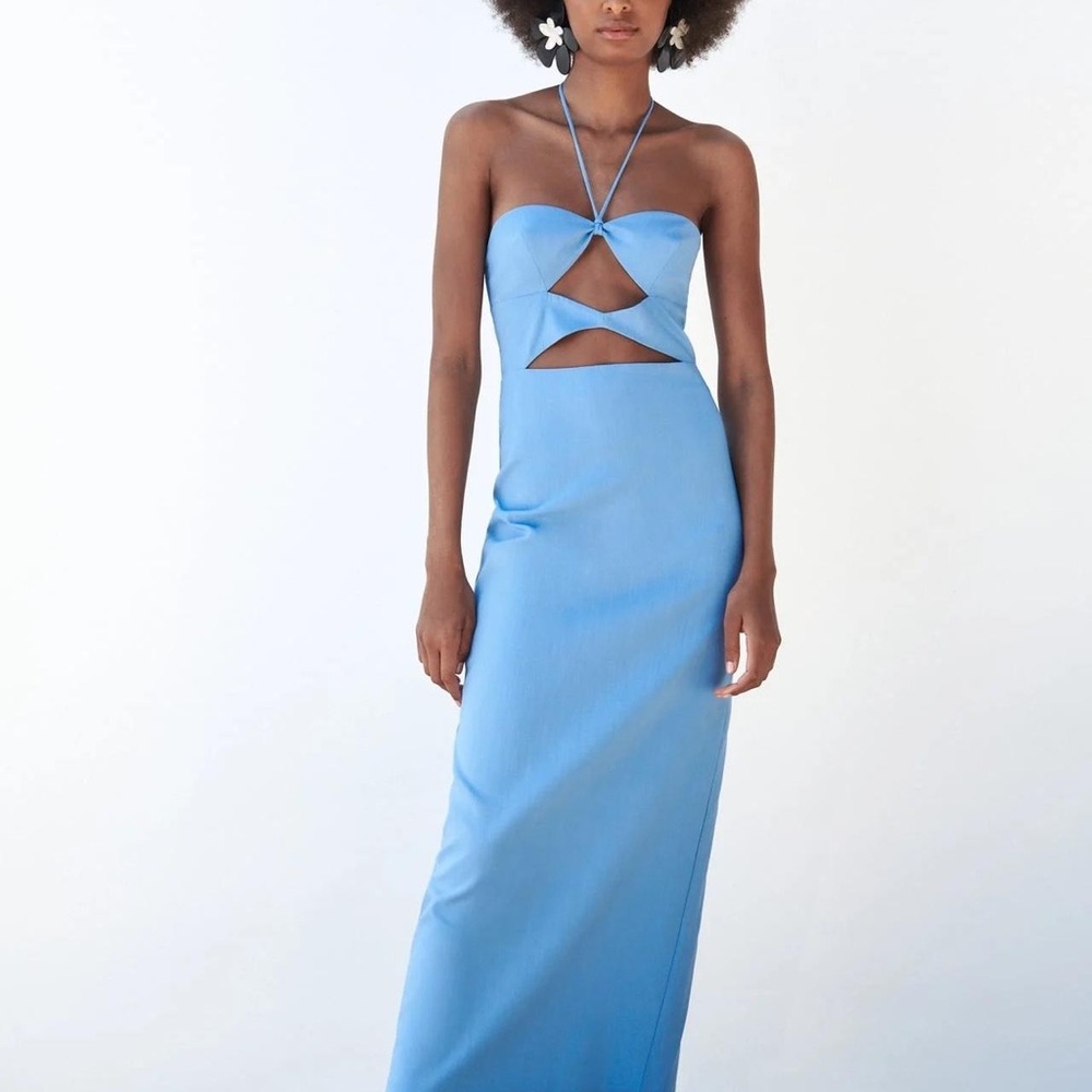 Elegant Blue Cutout Halter Maxi Dress